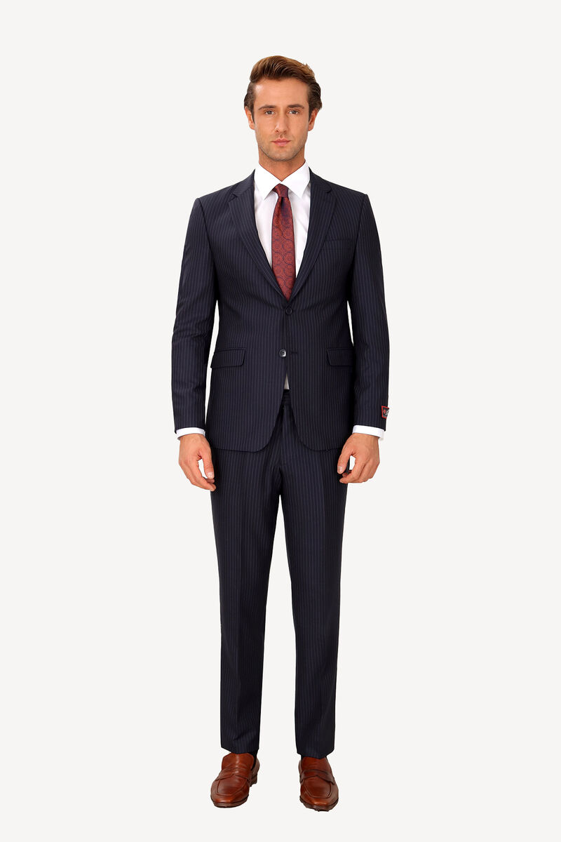 Erkek Lacivert Çift Yırtmaç Regular Fit Çizgili Takım Elbise - 1