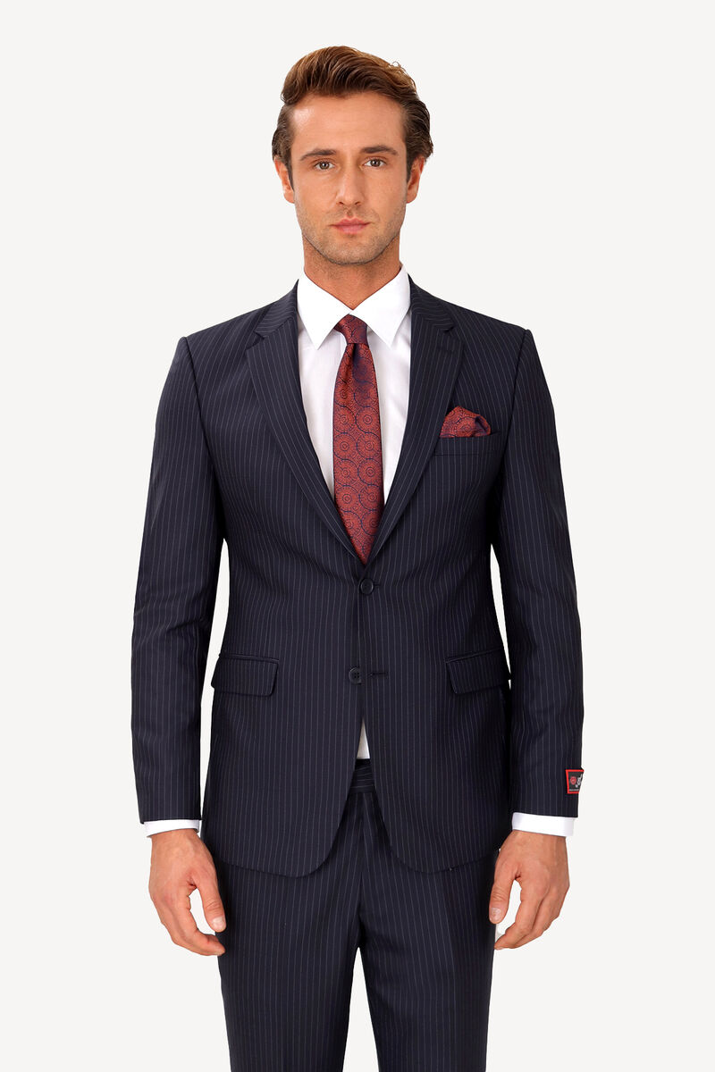 Erkek Lacivert Çift Yırtmaç Regular Fit Çizgili Takım Elbise - 2