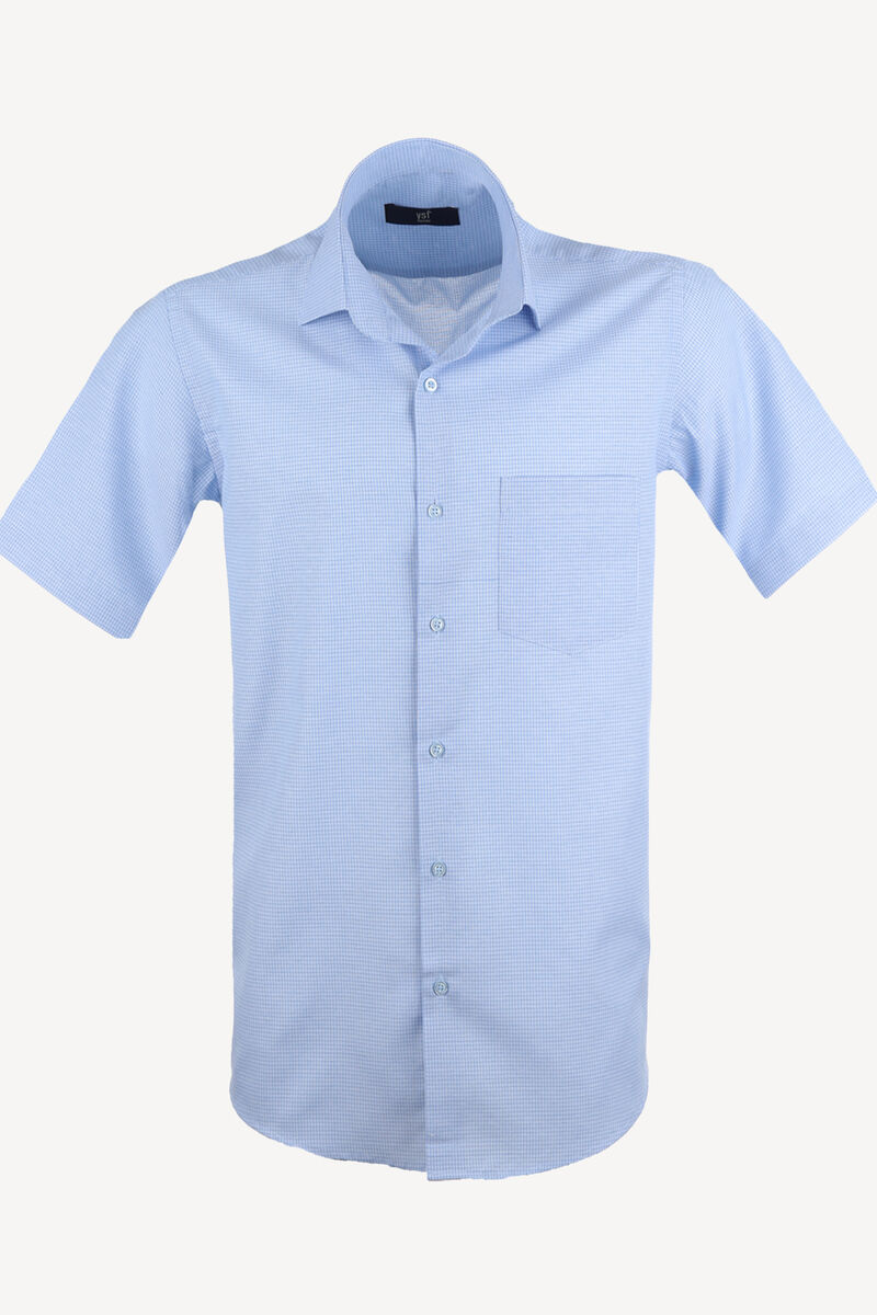 Erkek Açık Mavi Kısa Kol Klasik Desenli Gömlek - 1
