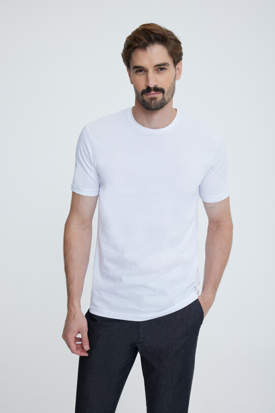 Erkek Beyaz Bisiklet Yaka T-shirt