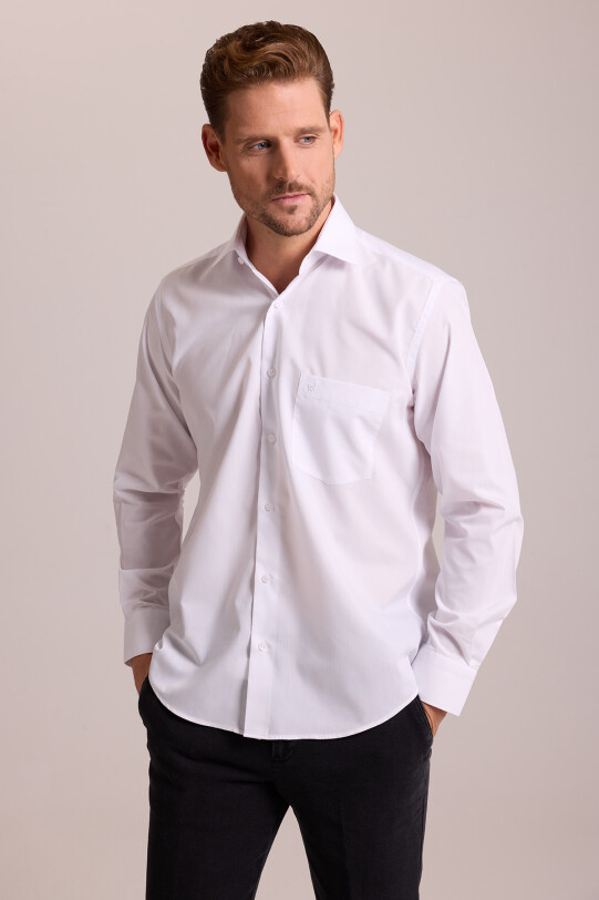 Erkek Beyaz Regular Fit Uzun Kollu Pamuklu Gömlek