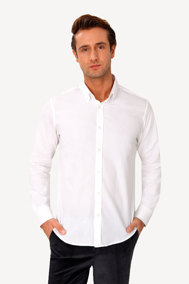 Erkek Beyaz Uzun Kol Slim Fit Gömlek - 1