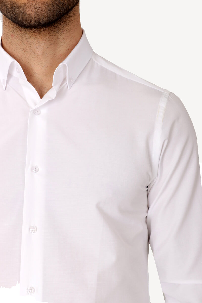 Erkek Beyaz Uzun Kol Slim Fit Yaka Düğmeli Gömlek - 3