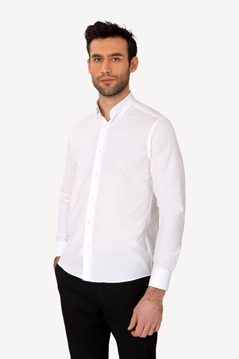 Erkek Beyaz Uzun Kol Slim Fit Yaka Düğmeli Gömlek - 1
