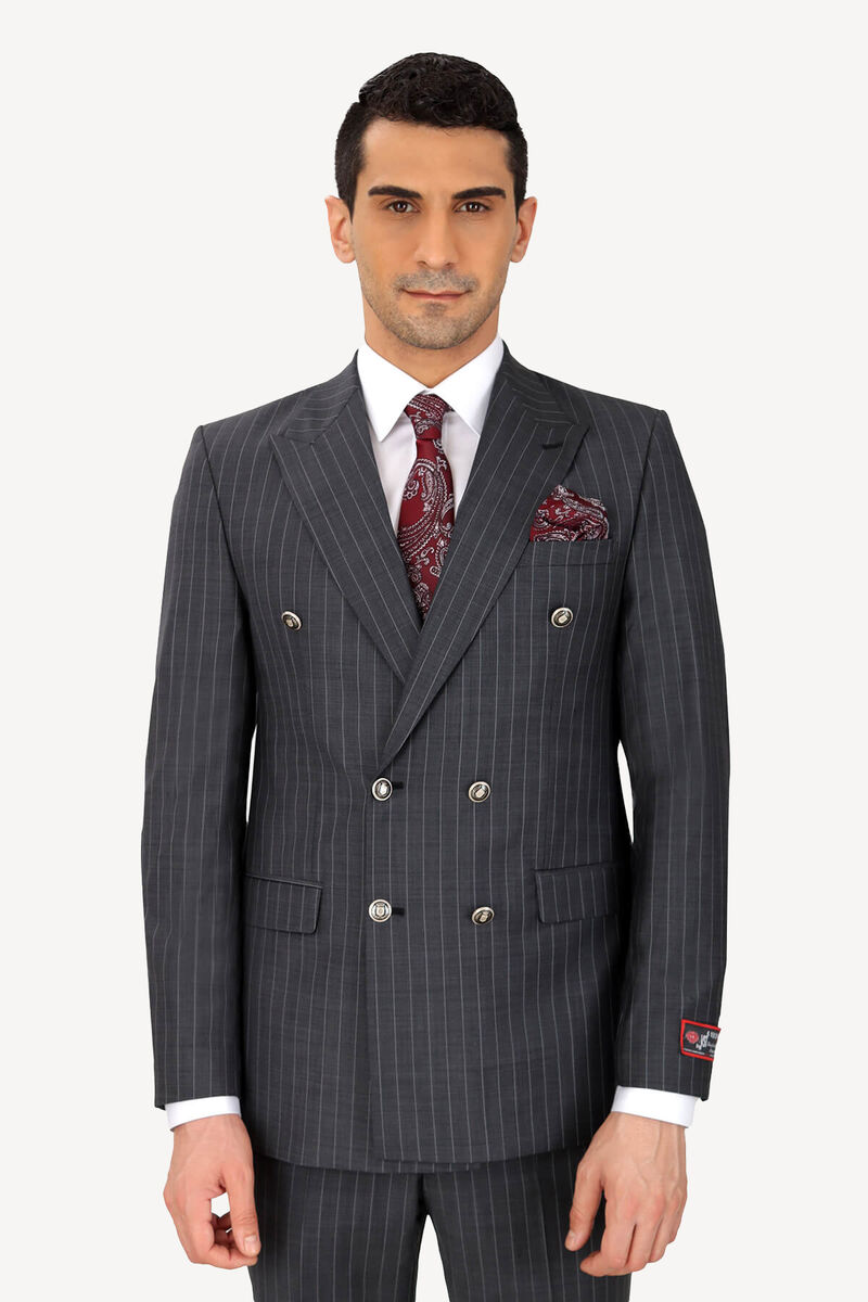 Erkek Füme Çizgili Regular Fit Kruvaze Takım Elbise - 2