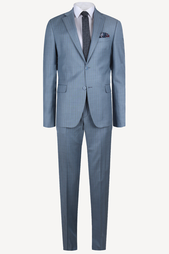 Erkek Havacı Mavi Klasik %100 Yün Çizgili Takım Elbise