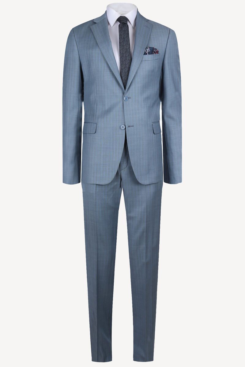 Erkek Havacı Mavi Klasik %100 Yün Çizgili Takım Elbise - 1