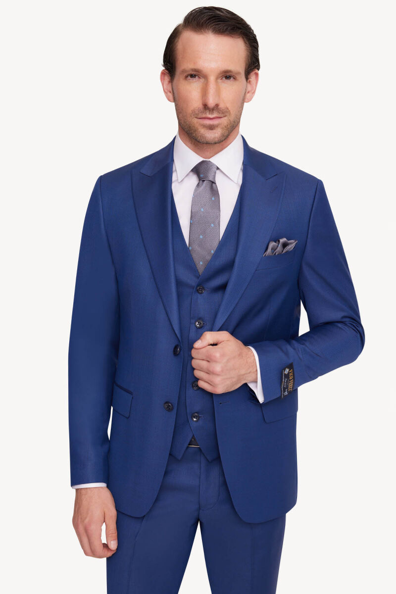 Erkek Havacı Mavi Slim Fit Sivri Yaka Yelekli Takım Elbise - 2