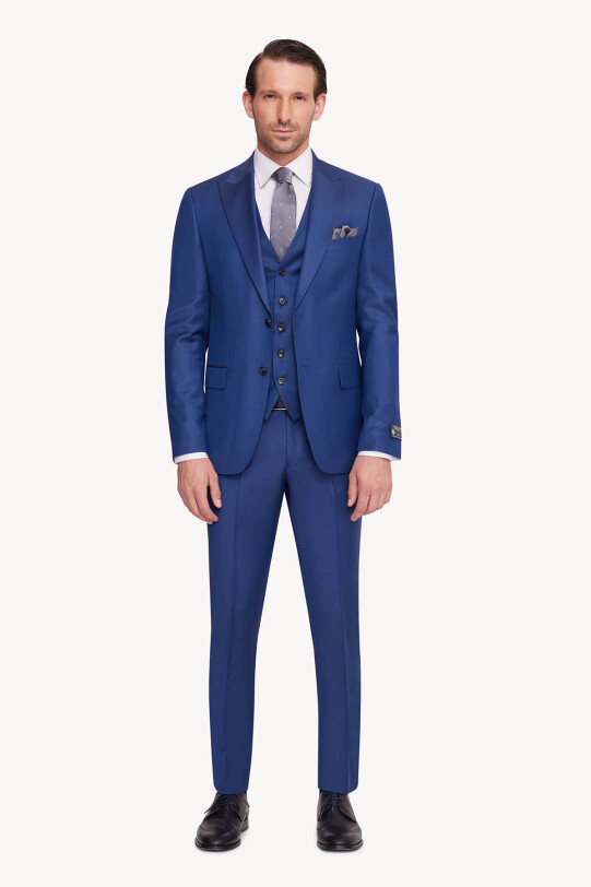 Erkek Havacı Mavi Slim Fit Sivri Yaka Yelekli Takım Elbise