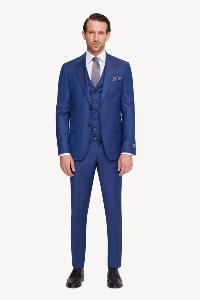 Erkek Havacı Mavi Slim Fit Sivri Yaka Yelekli Takım Elbise - 1