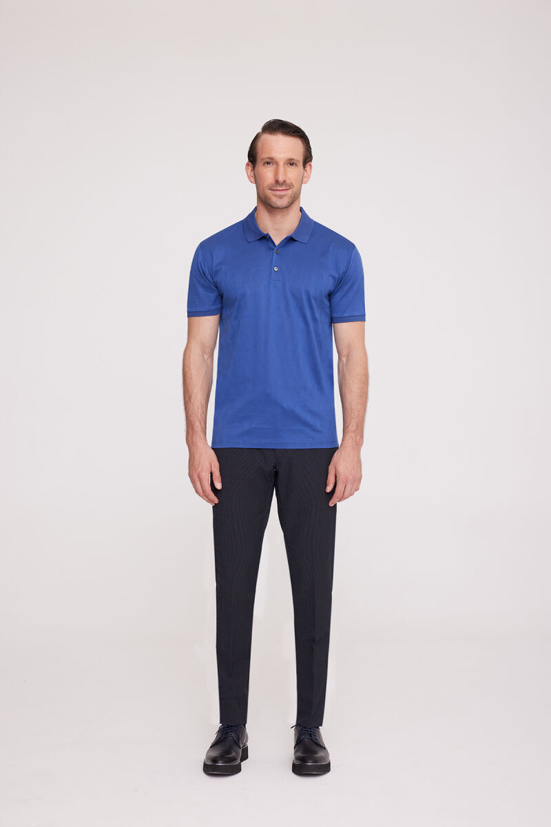Erkek İndigo Mavi Polo Yaka Desenli T-Shirt - 3