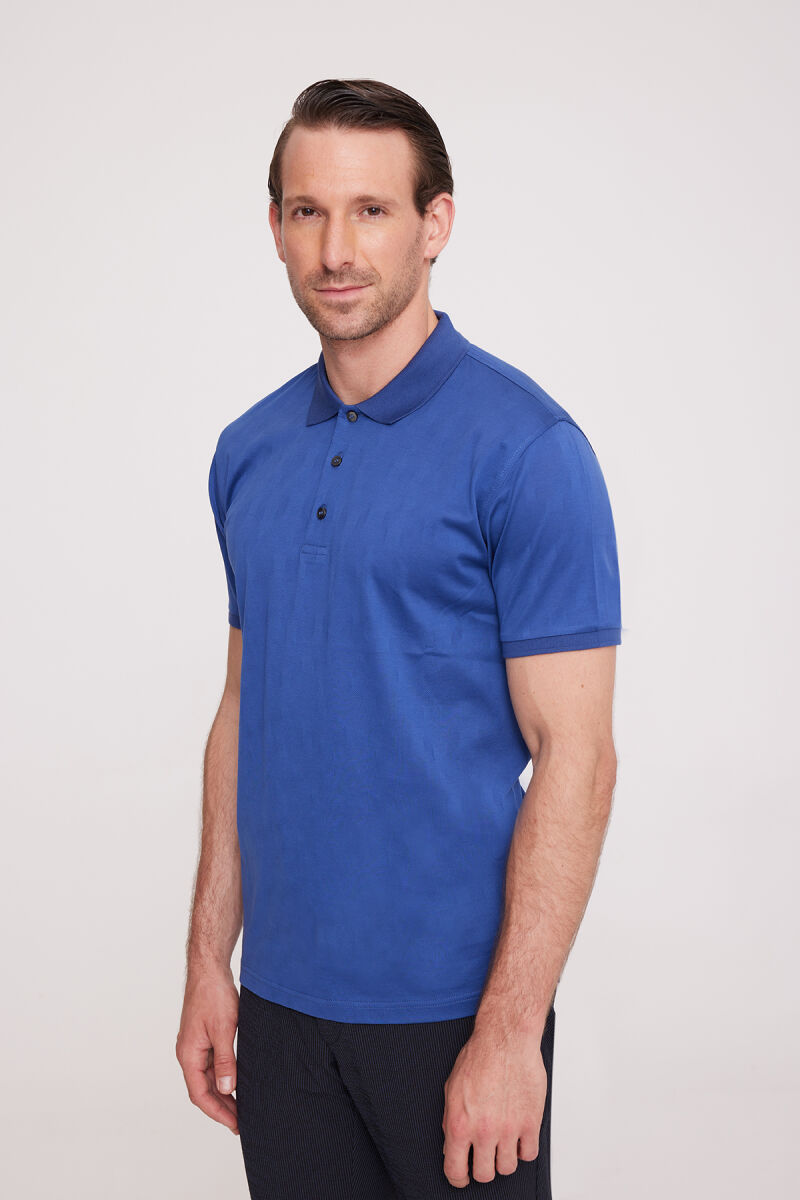 Erkek İndigo Mavi Polo Yaka Desenli T-Shirt - 2