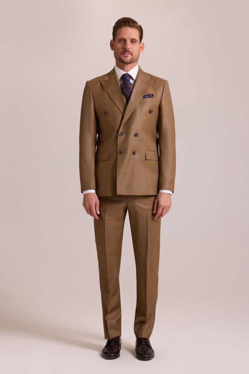 Erkek Kahverengi Regular Fit Kruvaze Takım Elbise - 1