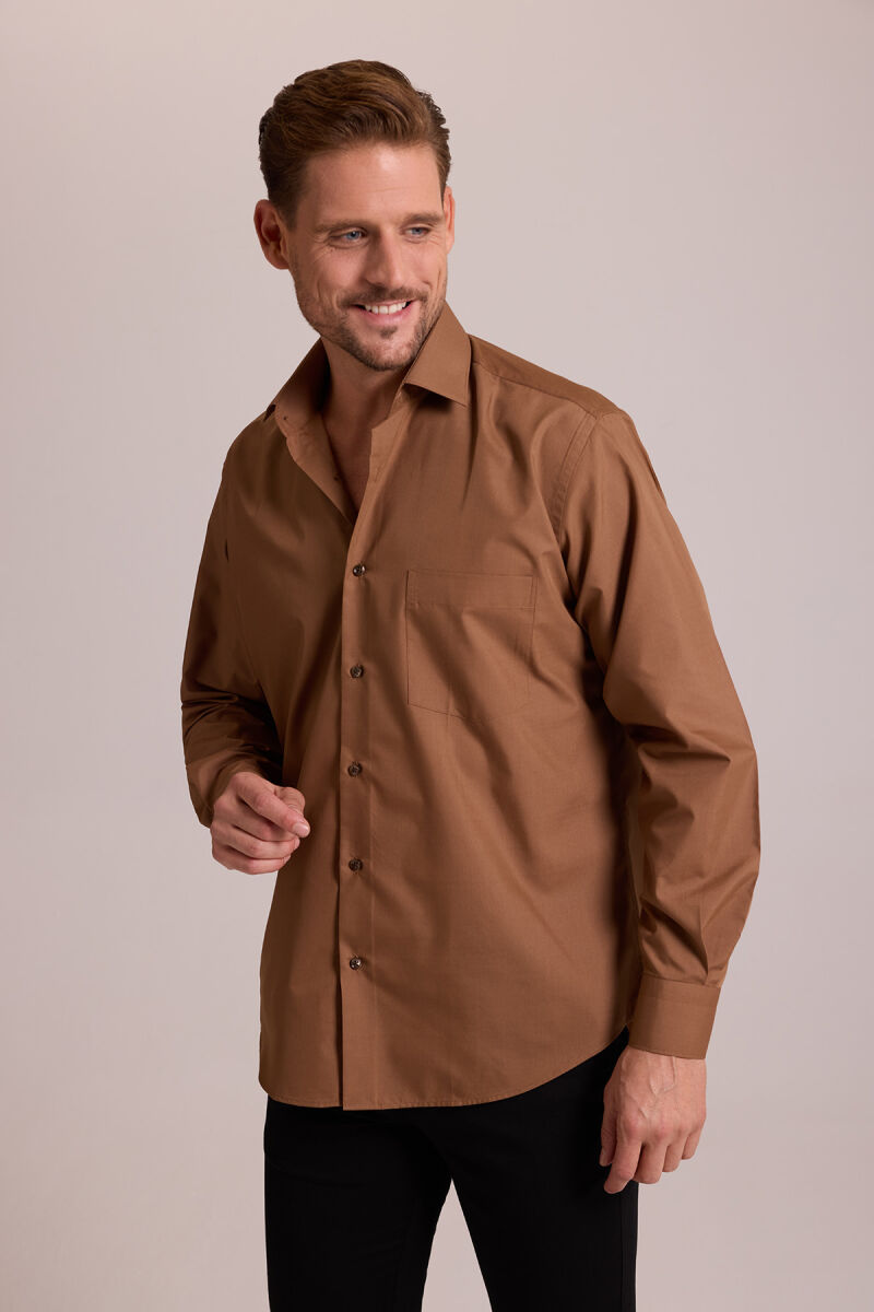 Erkek Kahverengi Uzun Kol Klasik Pamuklu Gömlek - 2