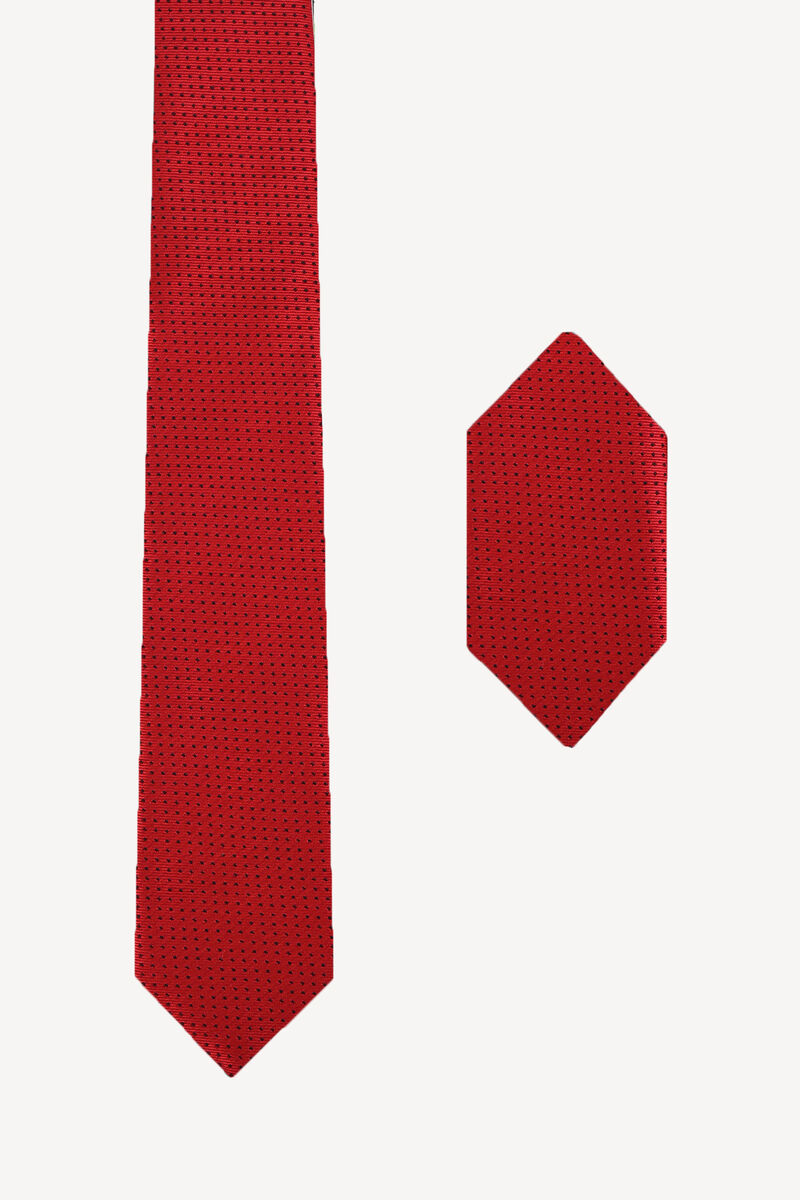 Erkek Kırmızı Nokta Desenli Slim Kravat Mendil Set - 1