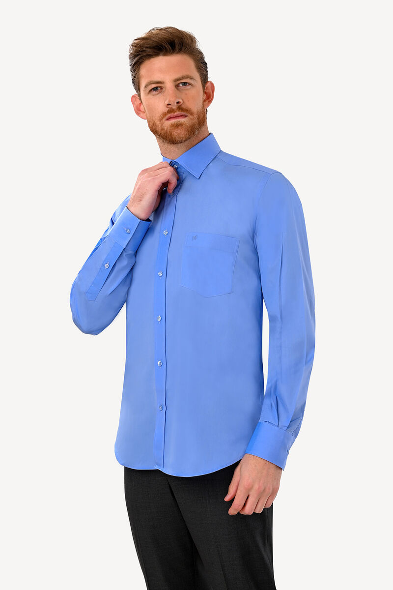 Erkek Koyu Mavi Uzun Kol Klasik Saten Gömlek - 1
