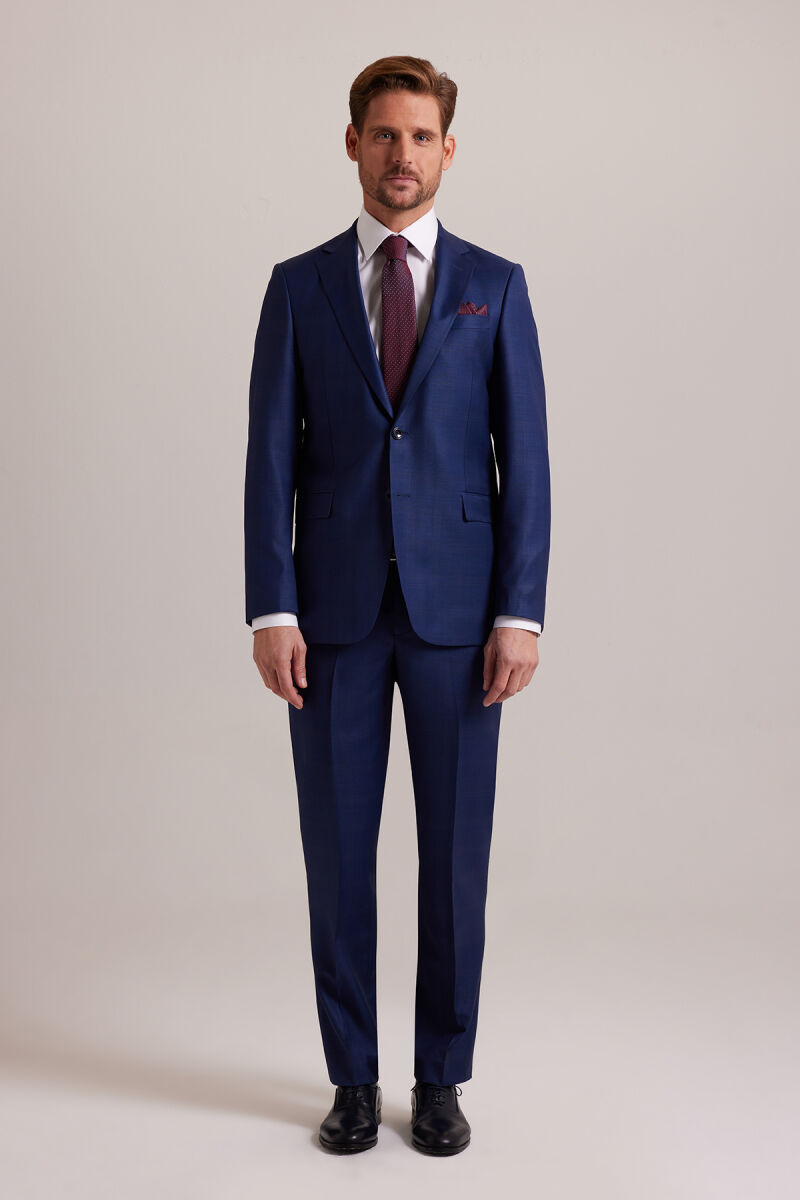 Erkek Lacivert Regular Fit Çift Yırtmaç Kareli Takım Elbise - 1