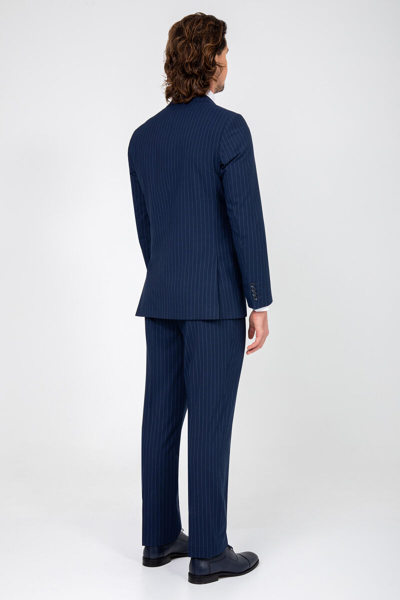 Erkek Lacivert Regular Fit Çizgili Çift Yırtmaç Takım Elbise - 5