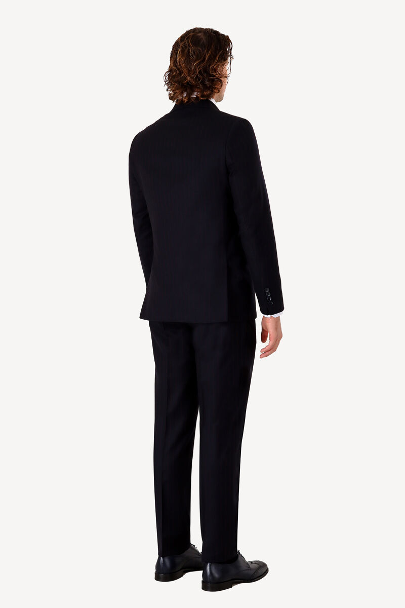 Erkek Lacivert Regular Fit Çizgili Kruvaze Takım Elbise - 5