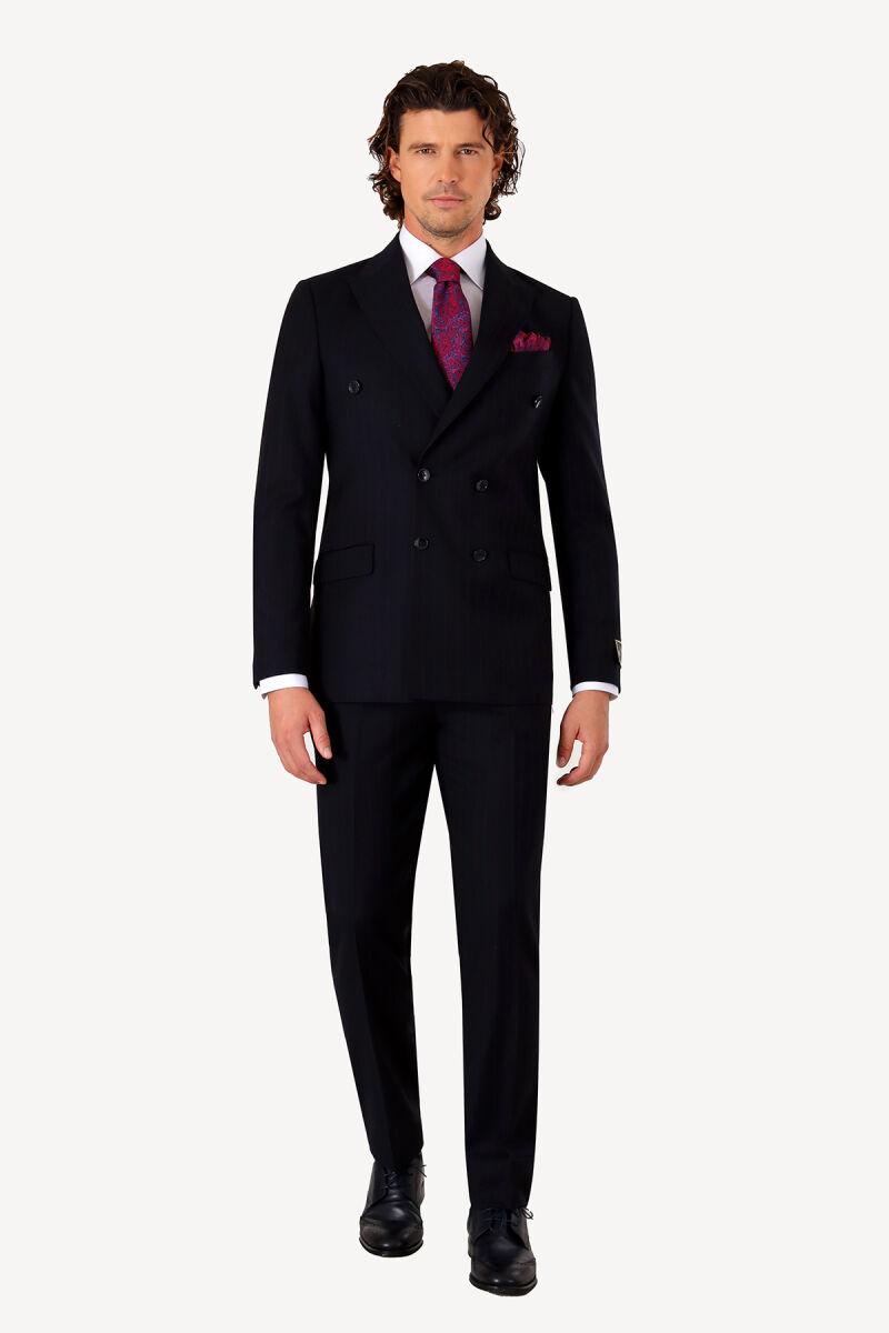 Erkek Lacivert Regular Fit Çizgili Kruvaze Takım Elbise - 1