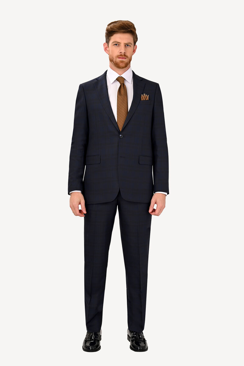 Erkek Lacivert Regular Fit Desenli Çift Yırtmaçlı Takım Elbise - 1