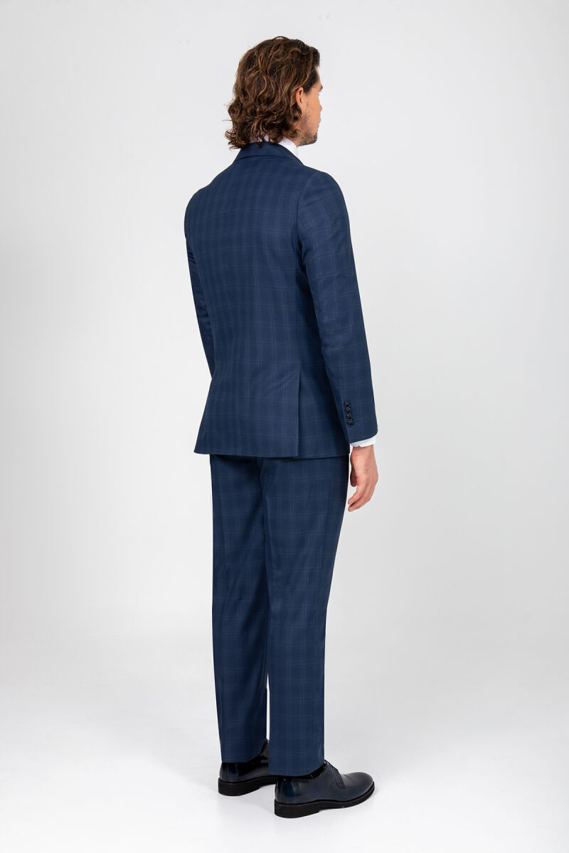 Erkek Lacivert Regular Fit Kareli Çift Yırtmaçlı Takım Elbise - 5