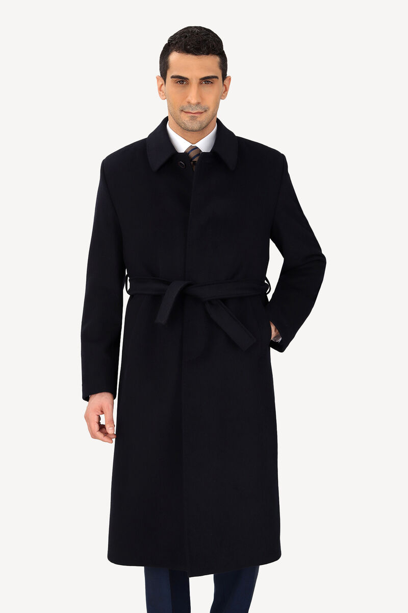 Erkek Lacivert Regular Fit Kaşmir Uzun Kuşaklı Palto - 2
