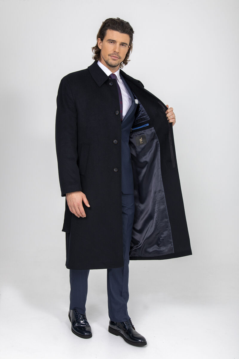 Erkek Lacivert Regular Fit Kaşmir Uzun Kuşaklı Palto - 11