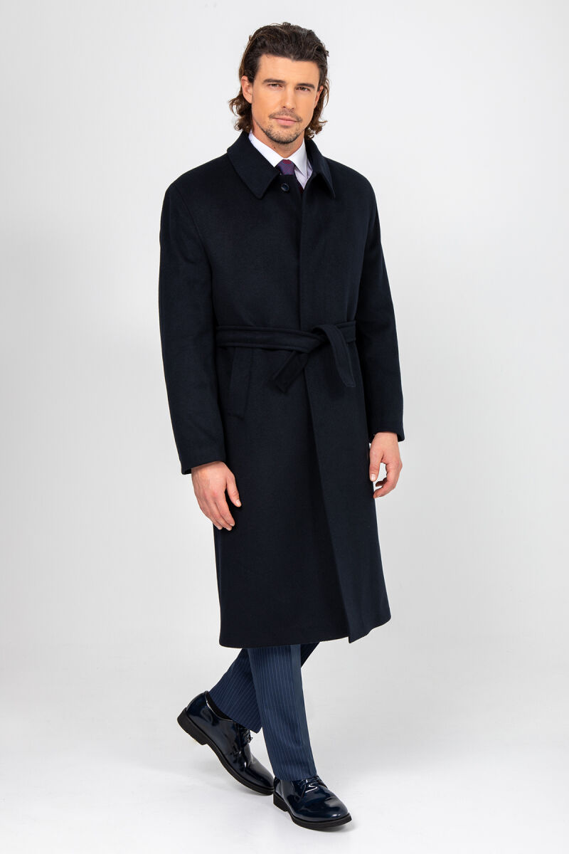 Erkek Lacivert Regular Fit Kaşmir Uzun Kuşaklı Palto - 1