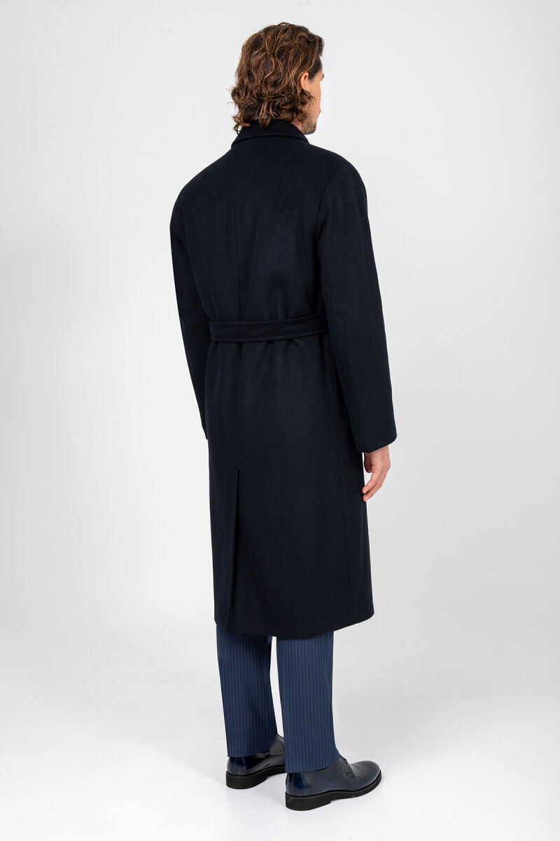 Erkek Lacivert Regular Fit Kaşmir Uzun Kuşaklı Palto - 5