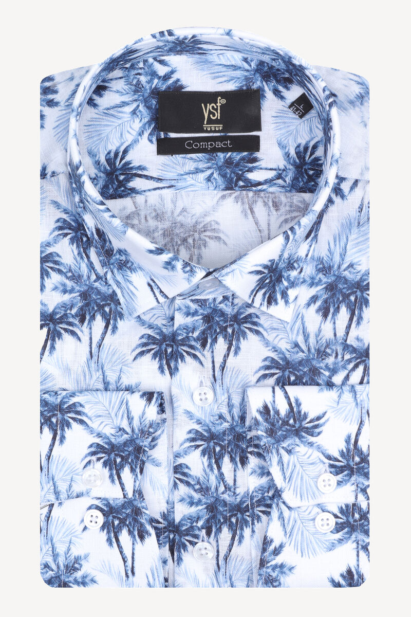 Erkek Mavi Beyaz Slim Fit %100 Keten Palmiye Desenli Gömlek - 3