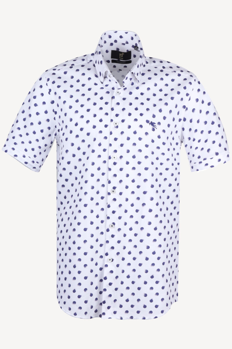 Erkek Mavi Beyaz Slim Fit Kısa Kol Nokta Desenli Gömlek - 1