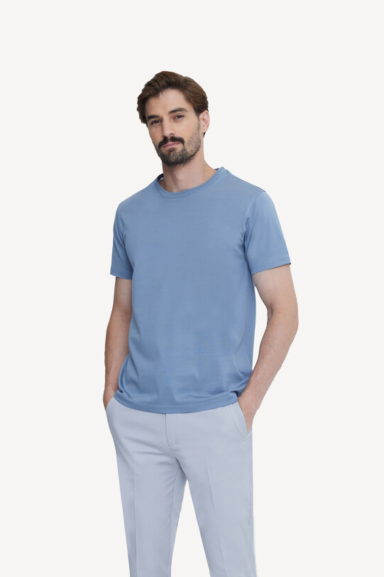 Erkek Mavi Bisiklet Yaka Pamuklu Regular Fit T-shirt