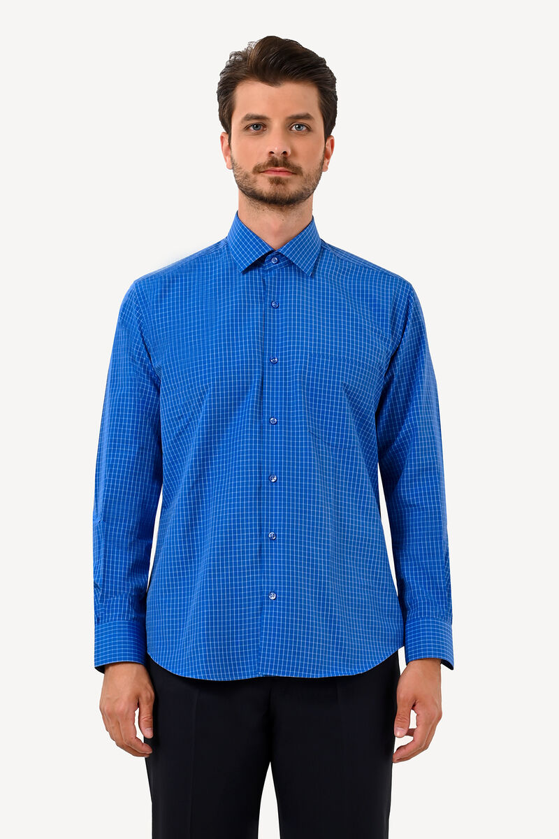 Erkek Mavi Gri Kareli Uzun Kol Klasik Gömlek - 1