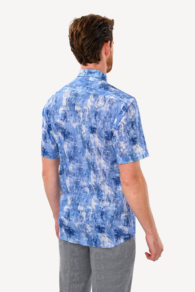 Erkek Mavi Kısa Kol Karışık Desenli Slim Fit Gömlek - 5