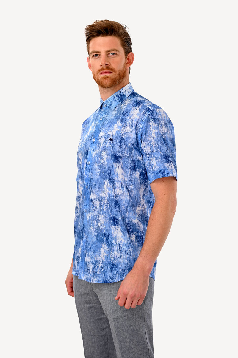 Erkek Mavi Kısa Kol Karışık Desenli Slim Fit Gömlek - 2
