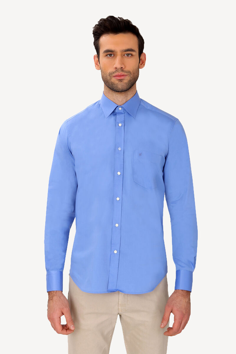Erkek Mavi Klasik Saten %100 Pamuk Gömlek - 1