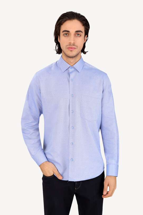 Erkek Mavi Uzun Kol Klasik Desenli Cotton Gömlek