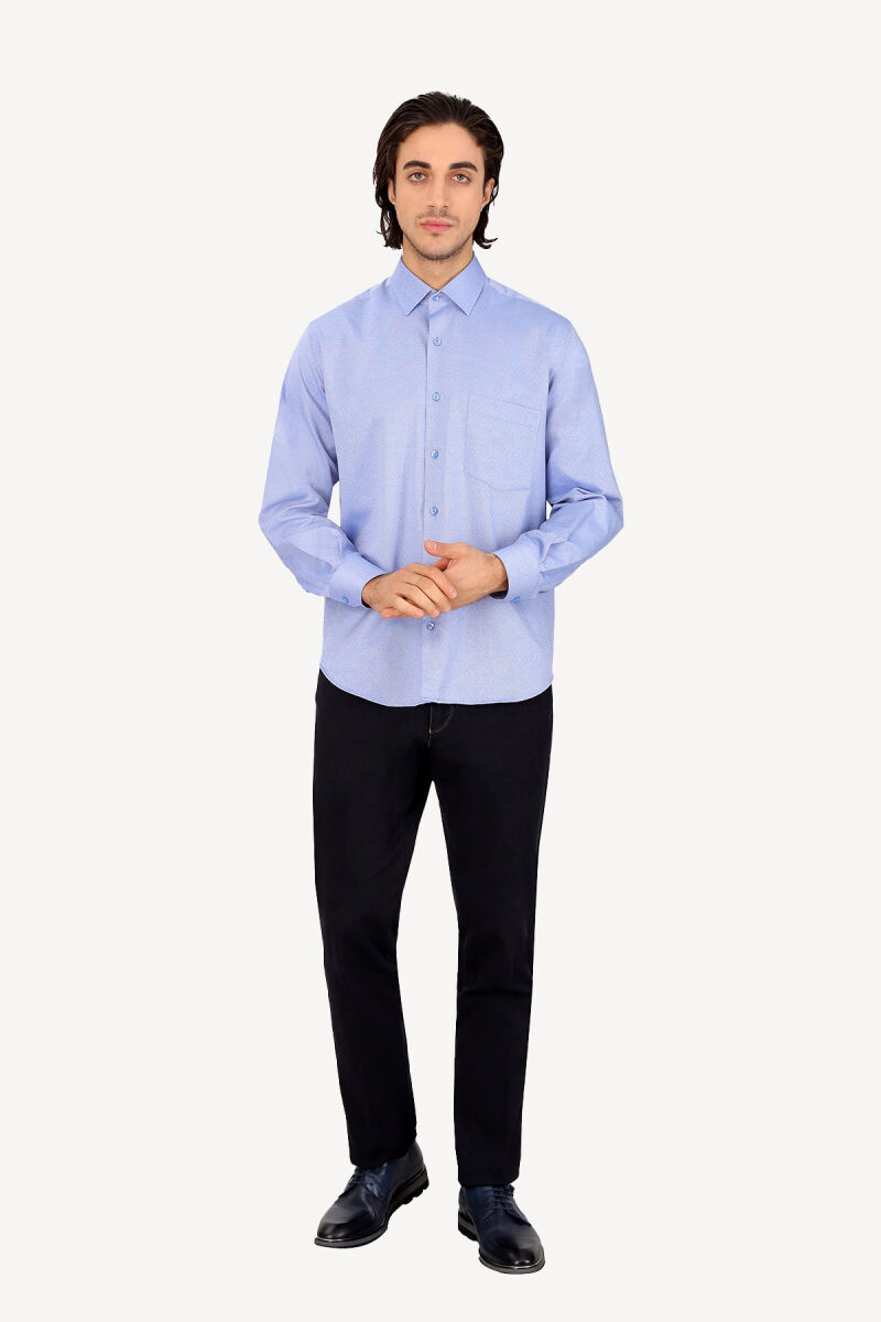 Erkek Mavi Uzun Kol Klasik Desenli Cotton Gömlek - 2