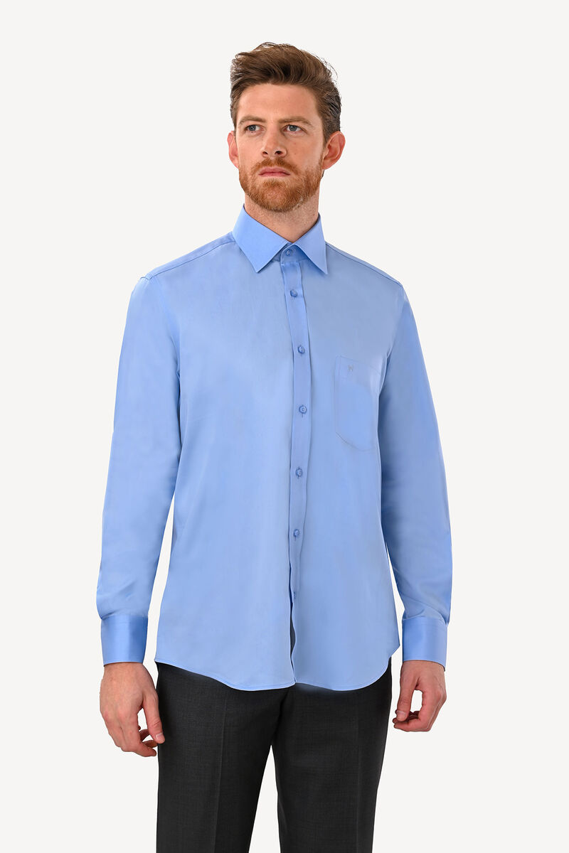 Erkek Mavi Uzun Kol Klasik Saten Gömlek - 2
