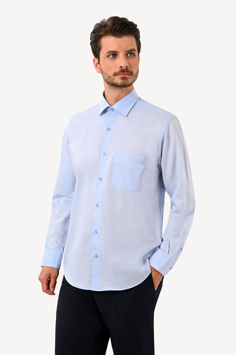 Erkek Mavi Uzun Kol Regular Fit Cepli Gömlek - 3