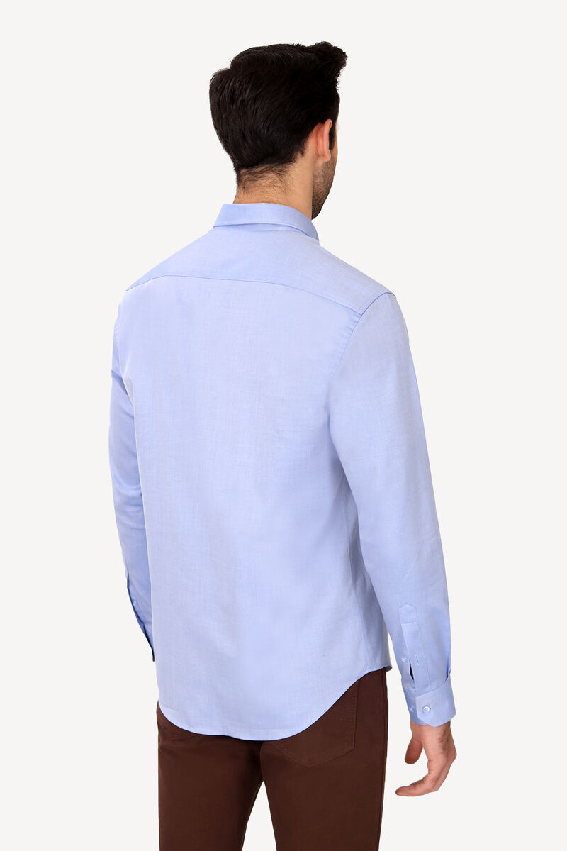 Erkek Mavi Uzun Kol Slim Fit Yaka Düğmeli Gömlek - 4