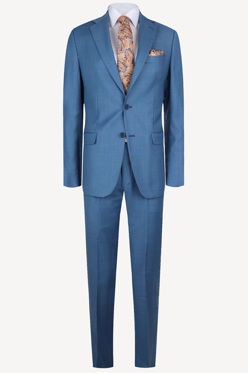 Erkek Petrol Mavi Ekose Regular Fit Takım Elbise - 1
