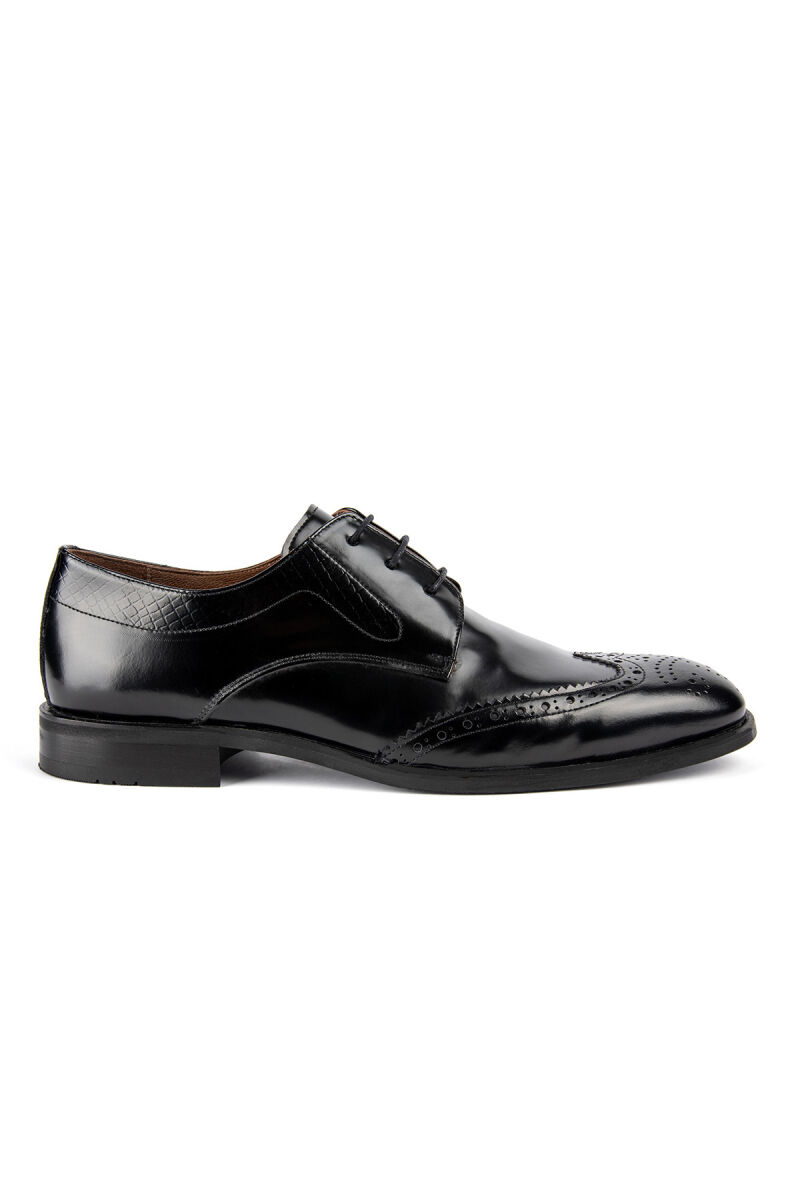 Erkek Siyah Klasik Bağcıklı Desenli Rugan Ayakkabı - 1