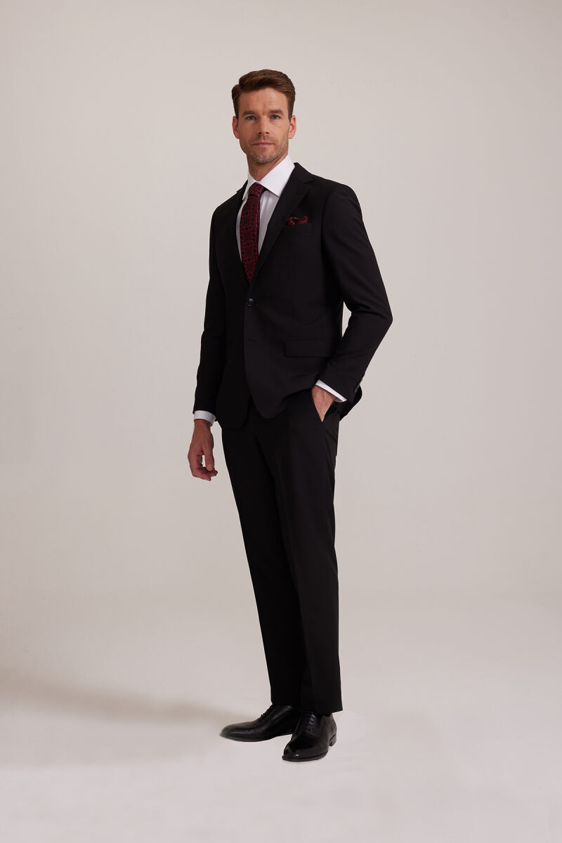 Erkek Siyah Regular Fit Çift Yırtmaç %100 Yün Takım Elbise - 2
