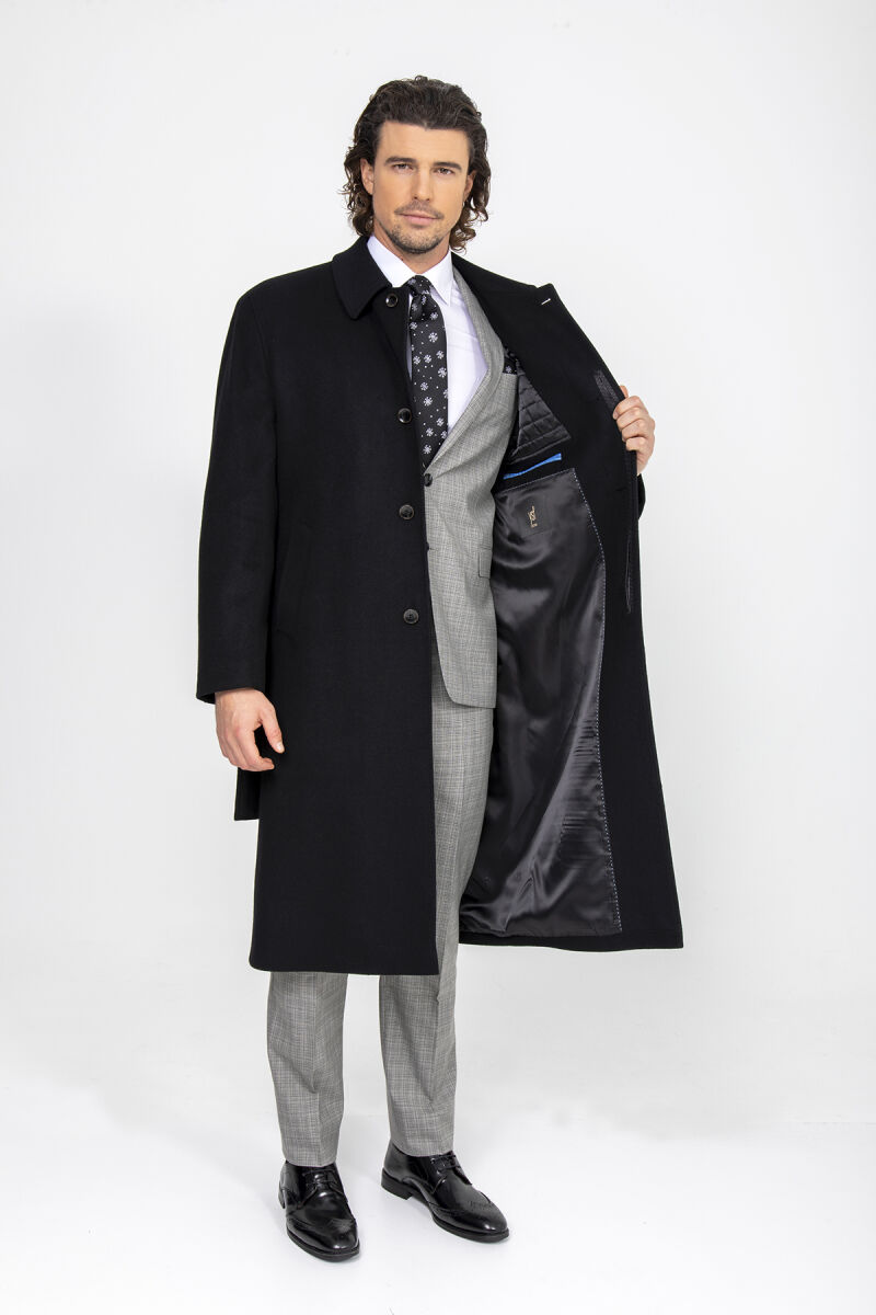 Erkek Siyah Regular Fit Kaşmir Uzun Kuşaklı Palto - 6