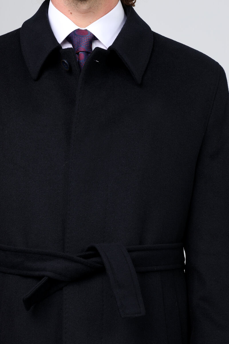 Erkek Siyah Regular Fit Kaşmir Uzun Kuşaklı Palto - 4