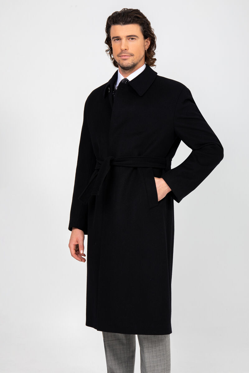 Erkek Siyah Regular Fit Kaşmir Uzun Kuşaklı Palto - 3