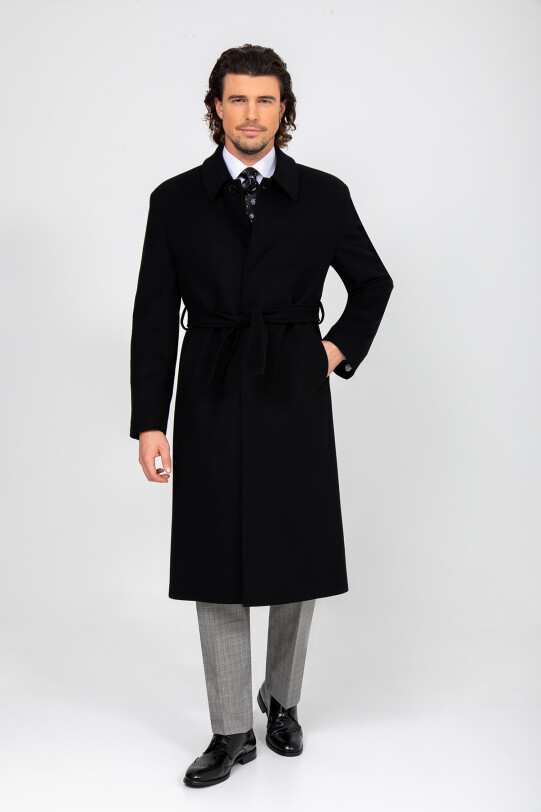 Erkek Siyah Regular Fit Kaşmir Uzun Kuşaklı Palto