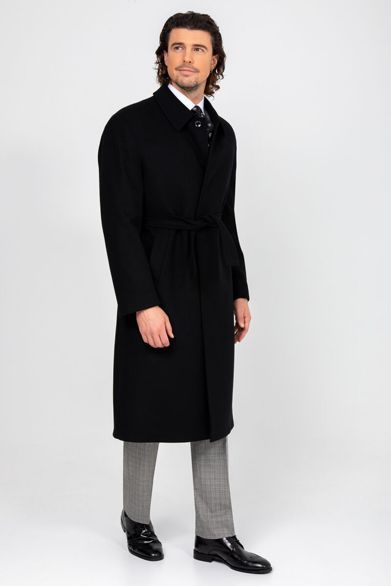 Erkek Siyah Regular Fit Kaşmir Uzun Kuşaklı Palto - 2